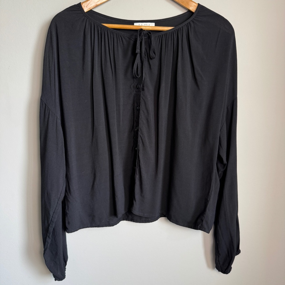 Z Supply Women's Long Sleeve Button Up Cropped Blouse Black Size Medium Whimsy